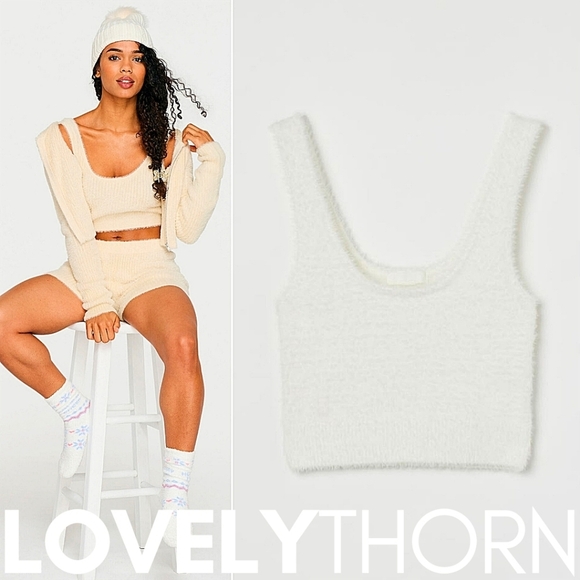 H&M // white super soft & fluffy stretchy faux fur-like scoop neck crop tank top - Picture 1 of 15